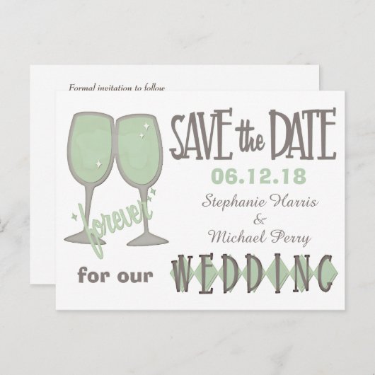 Whimsical Wijnglazen Save The Date Wedding Aankondigingskaart (Voorkant / Achterkant)