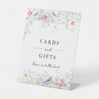 Whimsical Wilde Bloemen & Blauwe Vogels Waterverf Reclamebord Met Voetstuk