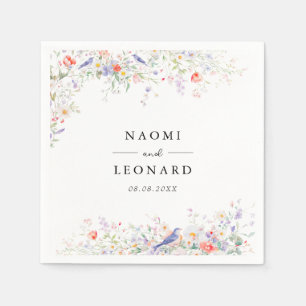 Whimsical Wilde Bloemen & Blauwe Vogels Waterverf Servet
