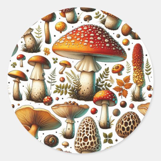 Whimsical wilde paddenstoelen ronde sticker (Voorkant)