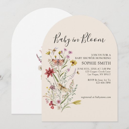 Whimsical Wildflower Baby in Bloom Invitation Kaart (Voorkant / Achterkant)