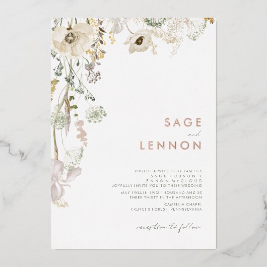 Whimsical Wildflower Bedow | Roos Gold Foil Folie Uitnodiging (Voorkant)