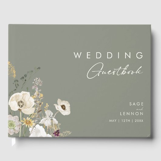 Whimsical Wildflower Bedow | Sage Green Wedding Gastenboek (Voorkant)