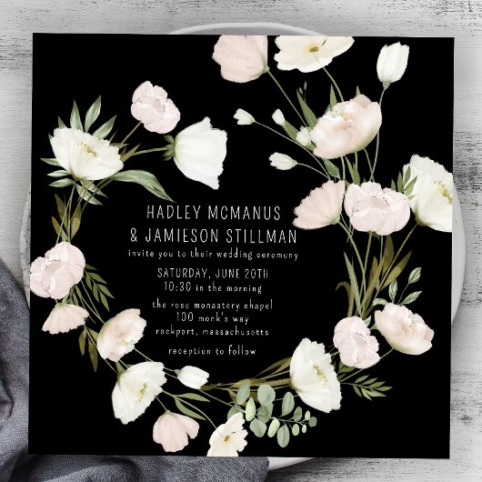 Whimsical Wildflower Black White Wedding Kaart