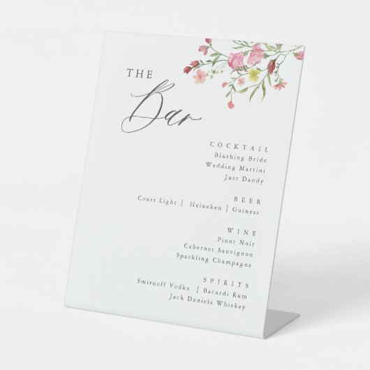Whimsical Wildflower bruiloft Bar Teken Reclamebord Met Voetstuk (Voorkant)