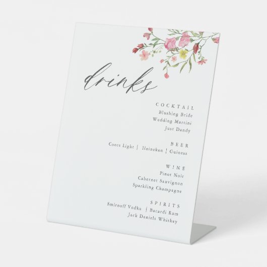 Whimsical Wildflower Bruiloft Drinken Teken Reclamebord Met Voetstuk (Voorkant)
