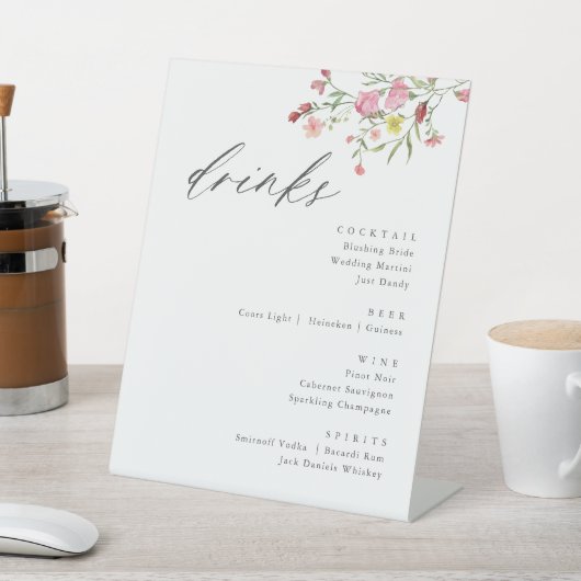 Whimsical Wildflower Bruiloft Drinken Teken Reclamebord Met Voetstuk (Insitu)