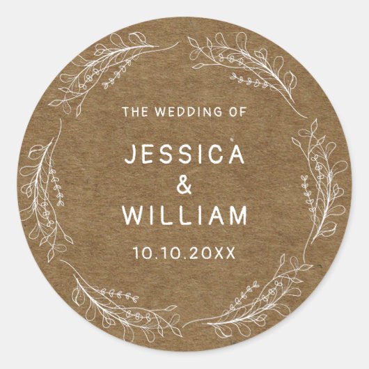 Whimsical Wildflower Bruiloft Verjaardag Faux Kraf Ronde Sticker (Voorkant)