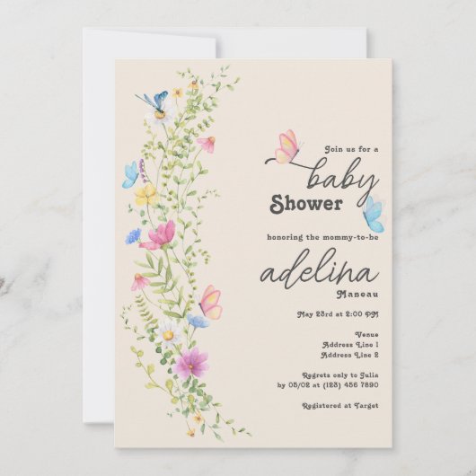 Whimsical Wildflower Butterfly Garden Baby shower Kaart (Voorkant)