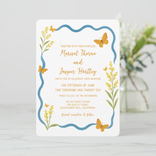 Whimsical Wildflower Butterfly Hand getrokken brui Kaart (Staand voorkant)