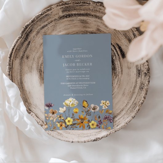 Whimsical Wildflower Dusty Blue Boho Wedding Kaart