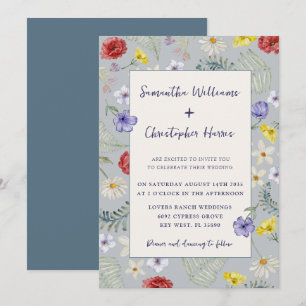 Whimsical Wildflower Dusty Blue Wedding Kaart