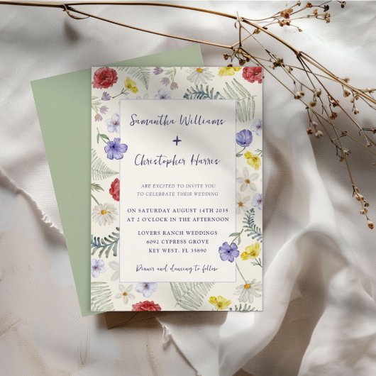 Whimsical Wildflower Ecru & Sage Wedding Kaart