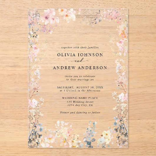 Whimsical Wildflower Elegante moderne bloemen brui Acryl Uitnodigingen (Voorkant)