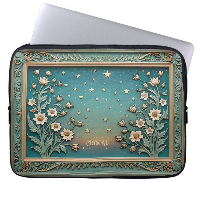 Whimsical Wildflower Evening Art Nouveau Blauwgroe Laptop Sleeve (Voorkant)