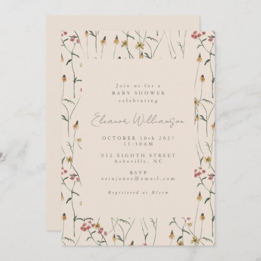 Whimsical Wildflower Floral Boho Baby shower Kaart (Voorkant / Achterkant)