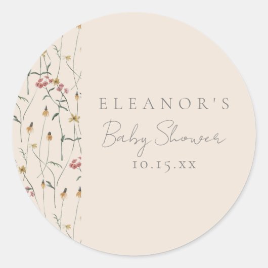 Whimsical Wildflower Floral Custom Baby Shower Ronde Sticker (Voorkant)
