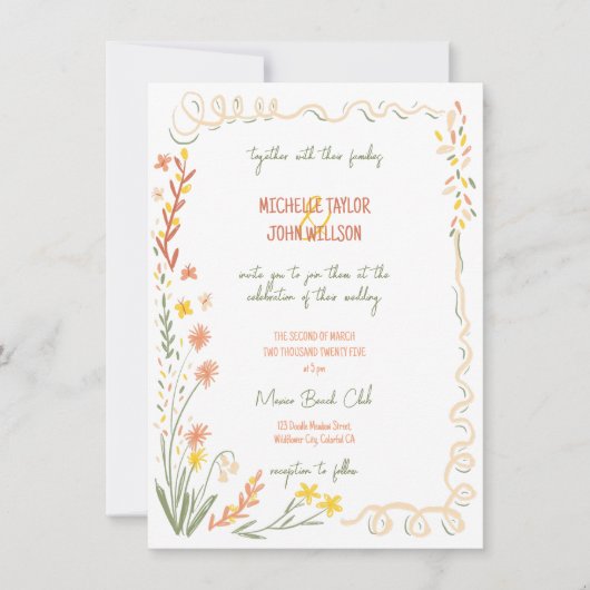 Whimsical Wildflower Hand getrokken weide bruiloft Kaart (Voorkant)