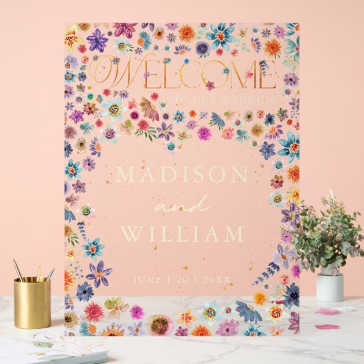 Whimsical Wildflower Heart Welkom op onze bruiloft Acryl Bord (Huwelijk)