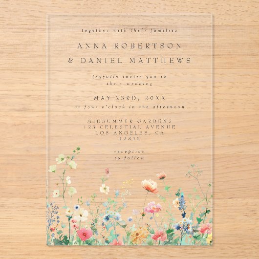 Whimsical Wildflower Meadow Bruiloft Acryl Uitnodigingen (Voorkant)