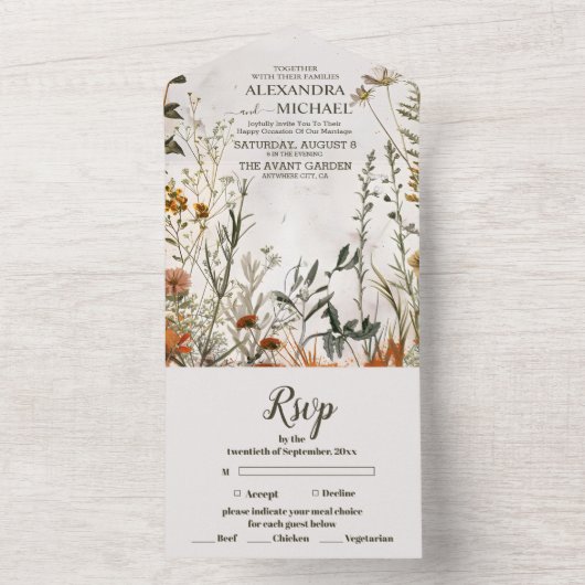 Whimsical Wildflower Meadow Bruiloft All In One Uitnodiging (Binnen)