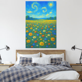 Whimsical Wildflower Meadow onder een wervelende h Canvas Afdruk