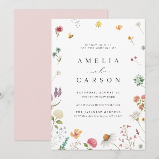 Whimsical Wildflower Meadow Wedding Invitation Kaart (Voorkant / Achterkant)