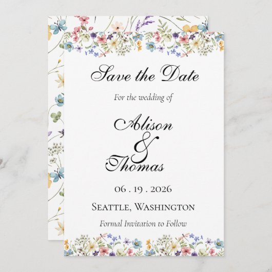 Whimsical Wildflower Meadow Wedding Save The Date (Voorkant / Achterkant)
