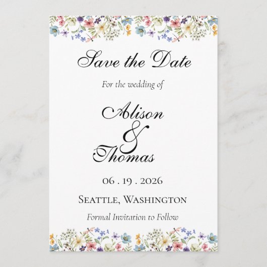 Whimsical Wildflower Meadow Wedding Save The Date (Voorkant)