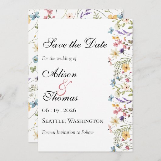 Whimsical Wildflower Meadow Wedding Save The Date (Voorkant / Achterkant)