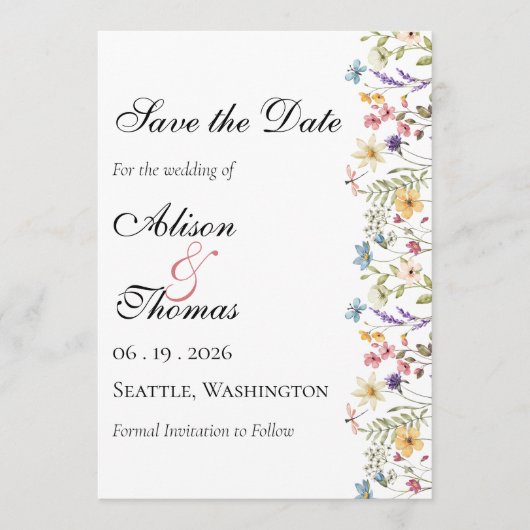 Whimsical Wildflower Meadow Wedding Save The Date (Voorkant)