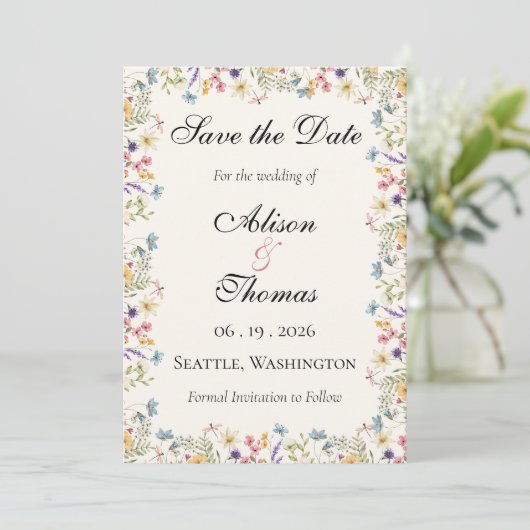 Whimsical Wildflower Meadow Wedding Save The Date (Staand voorkant)