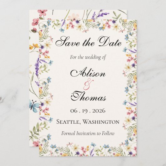 Whimsical Wildflower Meadow Wedding Save The Date (Voorkant / Achterkant)