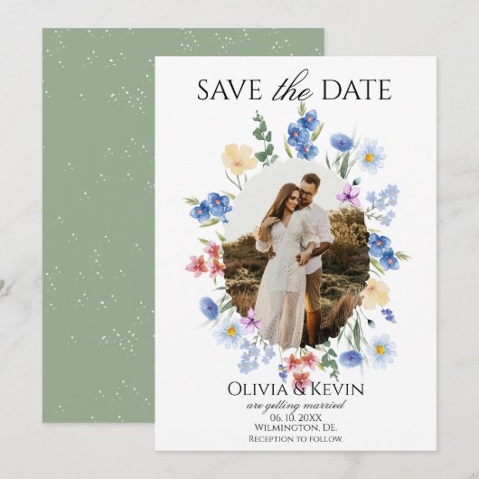 Whimsical Wildflower Oval Photo Save the Date Kaart (Voorkant / Achterkant)