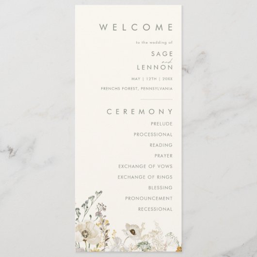 Whimsical Wildflower | Programma Ivory Wedding Programmakaart (Voorkant)