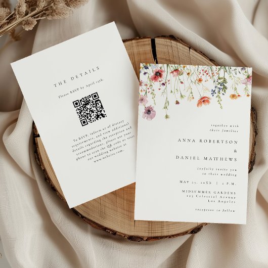 Whimsical Wildflower QR Code Bruiloft Kaart