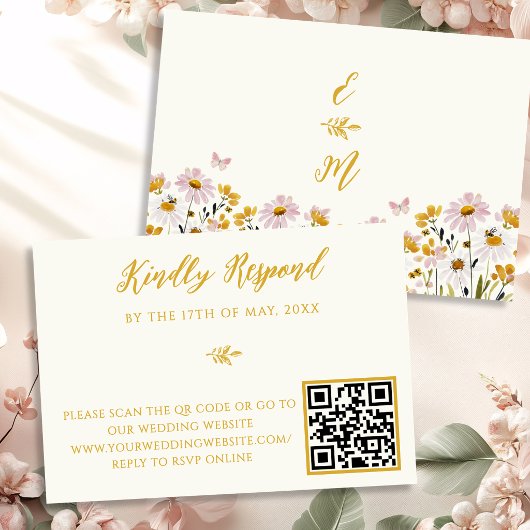 Whimsical Wildflower QR Code Huwelijks RSVP Reacti Kaartje