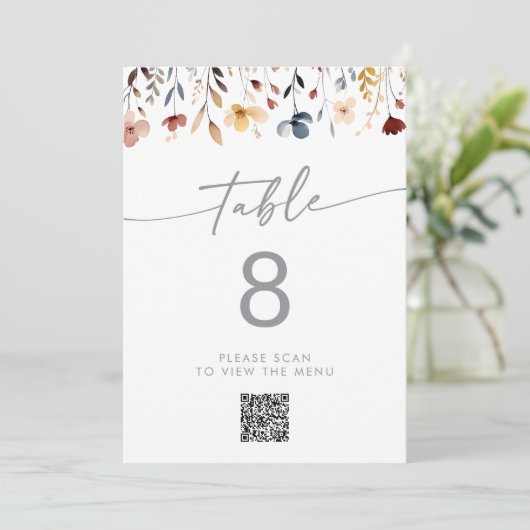 Whimsical Wildflower QR Code Table Numbers Kaart (Staand voorkant)