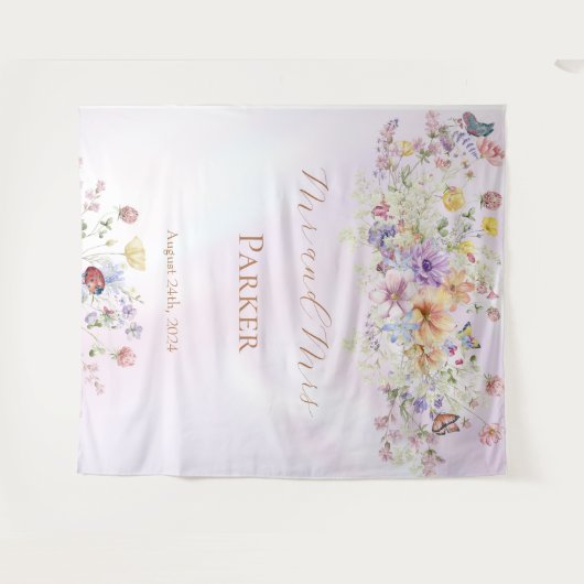 Whimsical Wildflower Roze Bruiloft Achtergrond Wandkleed (Voorkant (horizontaal))