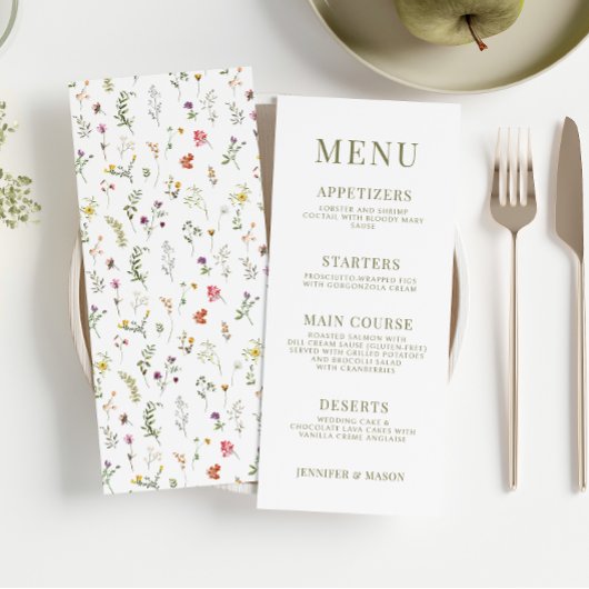 Whimsical wildflower rustieke bruiloft menu kaarte