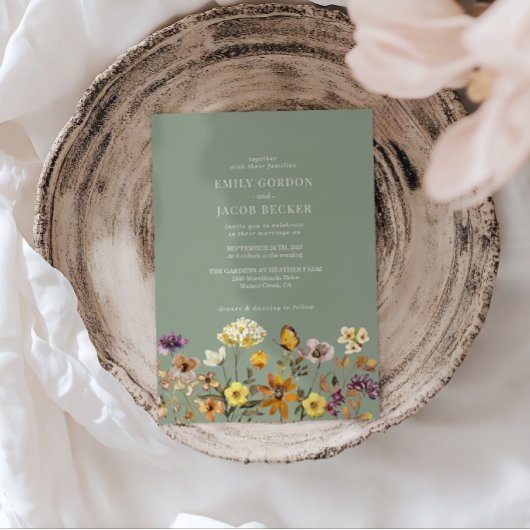 Whimsical Wildflower Sage Green Boho Wedding Kaart