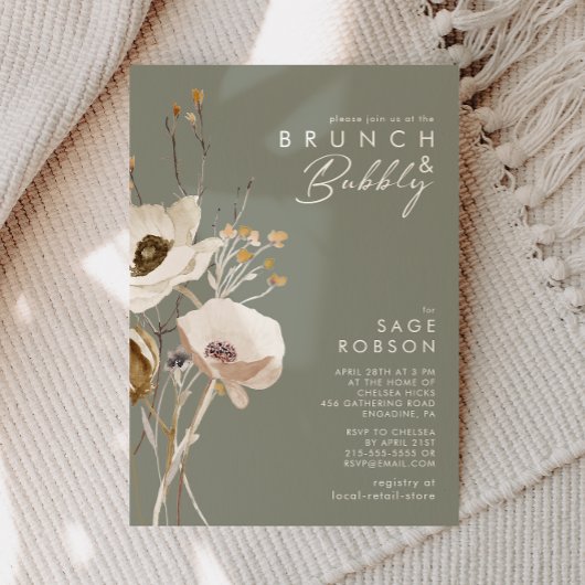 Whimsical Wildflower Sage Green Brunch en Bubble Kaart