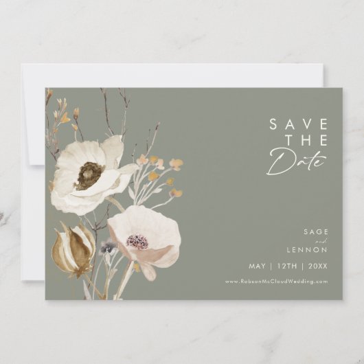 Whimsical Wildflower | Sage Green Horizontal Save The Date (Voorkant)