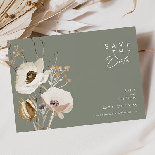 Whimsical Wildflower | Sage Green Horizontal Save The Date