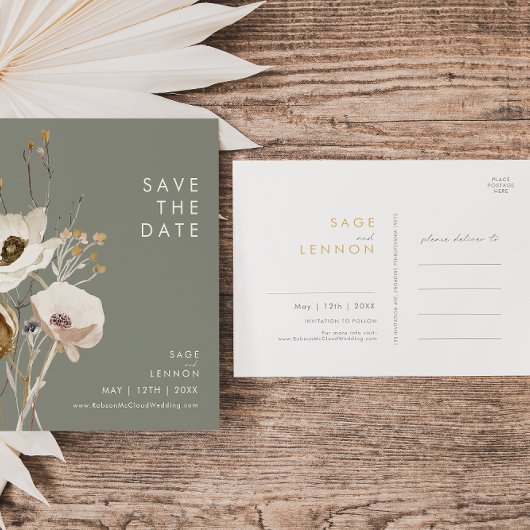 Whimsical Wildflower Sage Green Save the Date Uitnodiging Briefkaart