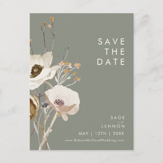 Whimsical Wildflower Sage Green Save the Date Uitnodiging Briefkaart (Voorkant)