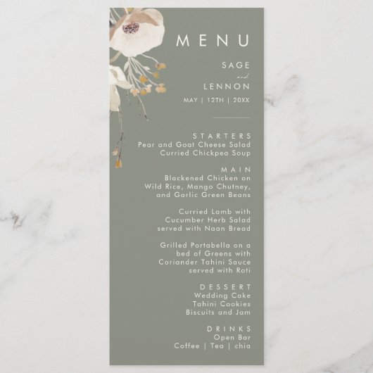 Whimsical Wildflower | Sage Green Wedding Dinner Menu (Voorkant)