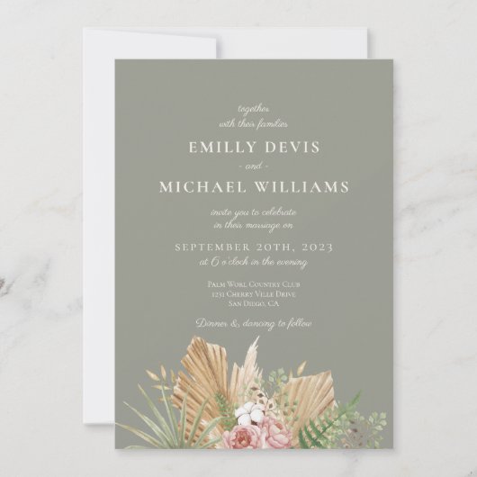 Whimsical Wildflower Sage Green Wedding Invitation Kaart (Voorkant)