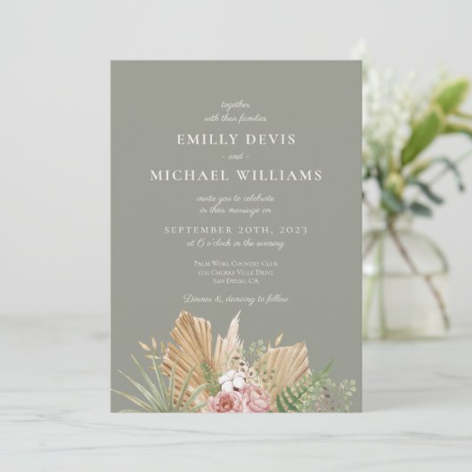 Whimsical Wildflower Sage Green Wedding Invitation Kaart (Staand voorkant)
