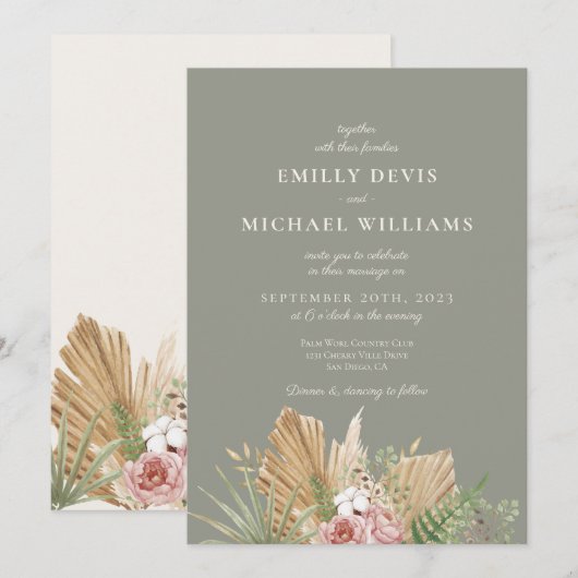 Whimsical Wildflower Sage Green Wedding Invitation Kaart (Voorkant / Achterkant)